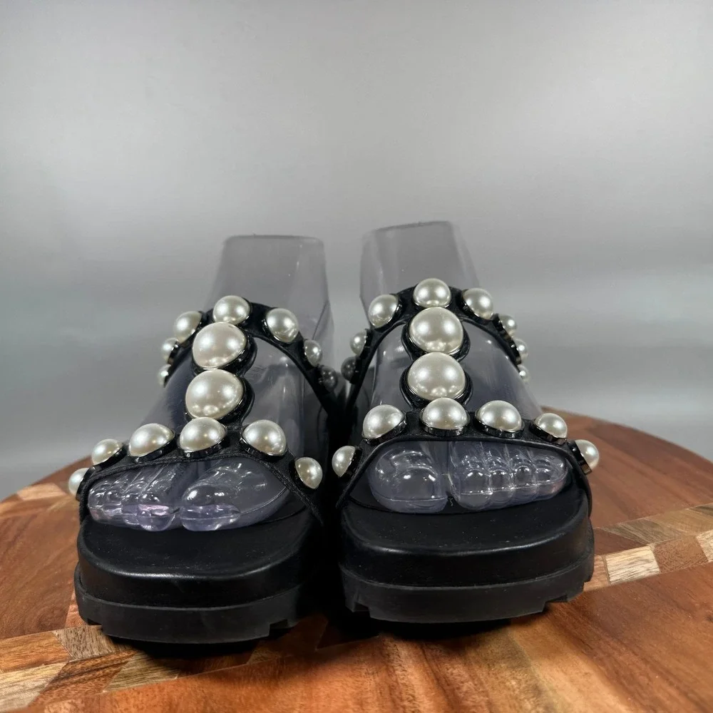 Karl Lagerfeld Paris Blithe Black Leather Pearl Platform Slide Sandals 6M